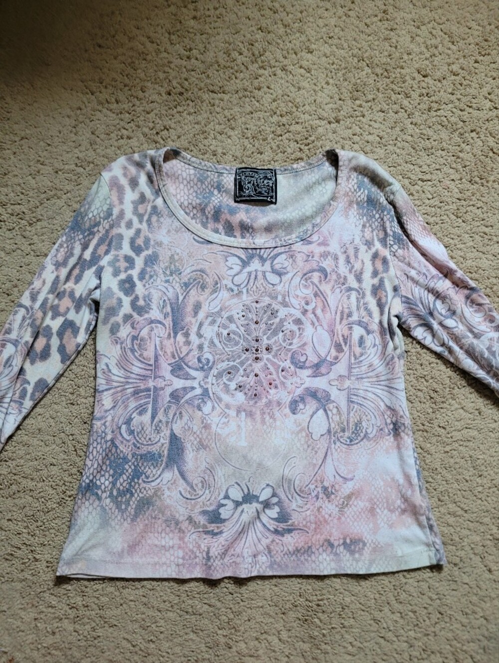 Vintage Blues, Y2K Rhinestone 3/4 Tshirt, Cheetah, Medium/Large